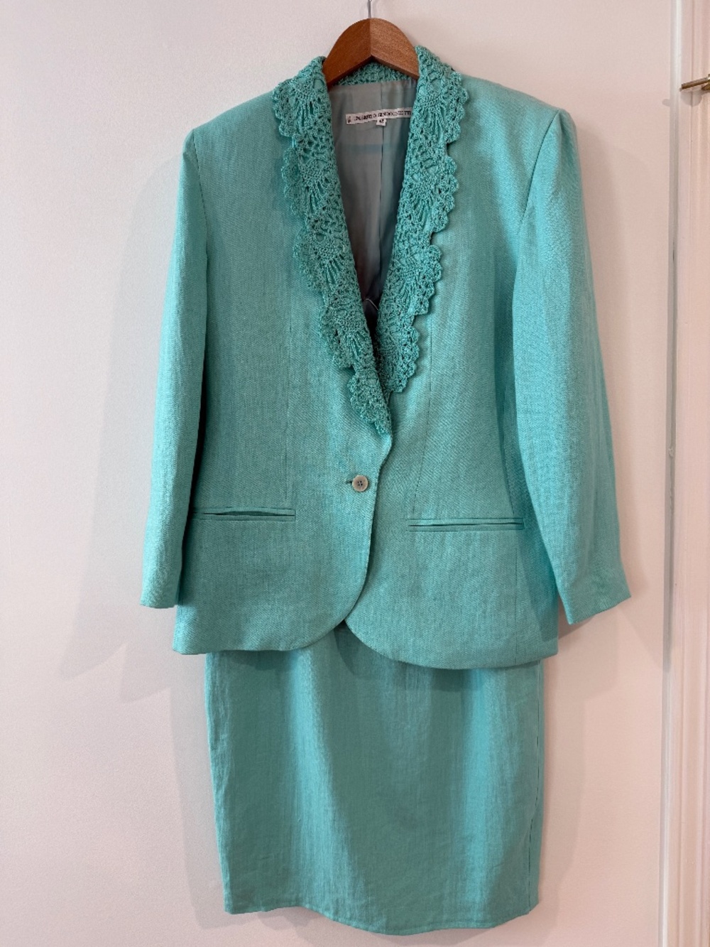 90s Umberto Ginochietti teal matching blazer & skirt, made in Italy, EU size 42